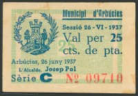 ARBUCLES (GERONA). 25 Céntimos. 26 de Junio de 1937. Serie C. (González: 6324). EBC-.