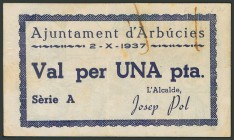 ARBUCIES (GERONA). 1 Peseta. 1 de Mayo de 1937. Serie A. (González: 6328). BC.