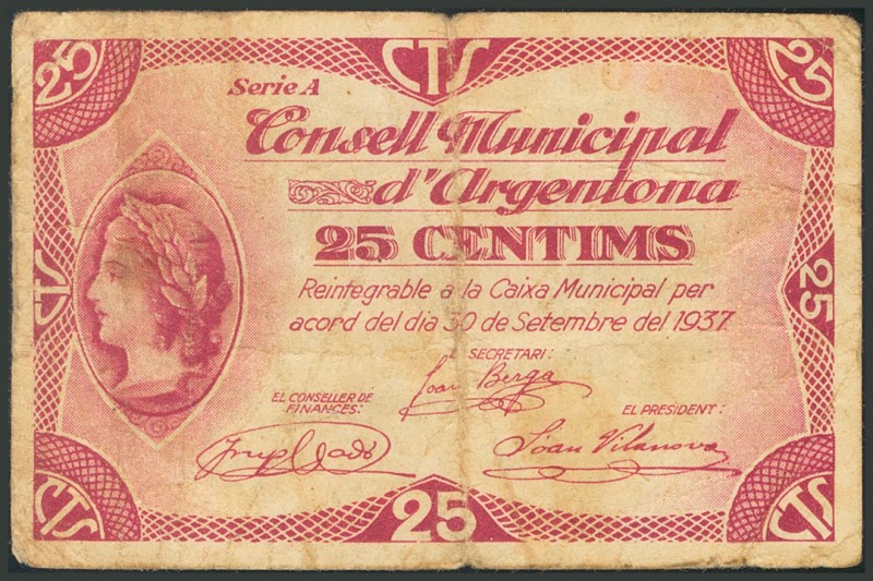 ARGENTONA (BARCELONA). 25 Céntimos. 30 de Septiembre de 1937. (González: 6390). ...