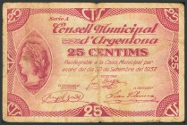 ARGENTONA (BARCELONA). 25 Céntimos. 30 de Septiembre de 1937. (González: 6390). RC.