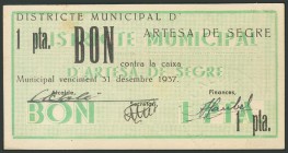 ARTESA DE SEGRE (LERIDA). 1 Peseta. 31 de Mayo de 1937. (González: 6432). EBC.