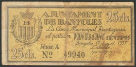 BANYOLES (GERONA). 25 Céntimos. 17 de Agosto de 1937. Serie A. (González: 6506). BC.