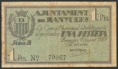 BANYOLES (GERONA). 1 Peseta. 17 de Agosto de 1937. Serie B. (González: 6507). BC.
