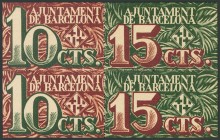 BARCELONA. 10 Céntimos (2) y 15 Céntimos (2). 2 de Diciembre de 1937. Serie A y B. Impreso en bloques de 4 billetes (dos de 10 cts y dos de 15 cts). (...