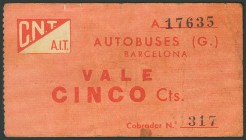 AUTOBUSES (G) CNT-AIT (BARCELONA). Vale 5 Céntimos. (1938ca). Serie A. (González: 6544). BC.
