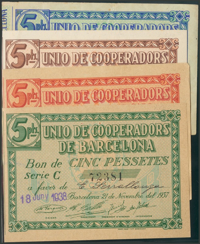 BARCELONA-UNIO DE COOPERADORS. Conjunto de 4 billetes de 5 Pesetas. 21 de Noviem...