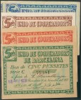 BARCELONA-UNIO DE COOPERADORS. Conjunto de 4 billetes de 5 Pesetas. 21 de Noviembre de 1937. Series A, B y C y sin serie. (González: 6883/86). MBC.
