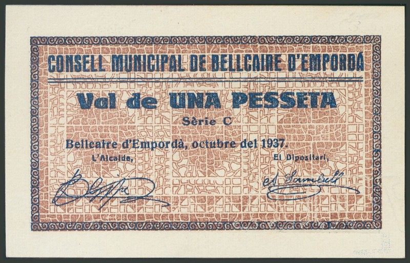 BELLCAIRE D´EMPORDA (GERONA). 1 Peseta. Octubre 1937. Serie C. (González: 6963)....