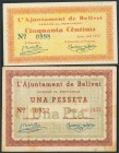 BELLVEI DEL PENEDES (TARRAGONA). 50 céntimos y 1 Peseta. Junio 1937. (González: 6999, 7001). EBC/MBC.