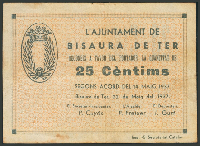 BISAURA DE TER (BARCELONA). 25 Céntimos. 22 de Junio de 1937. (González: 7058). ...