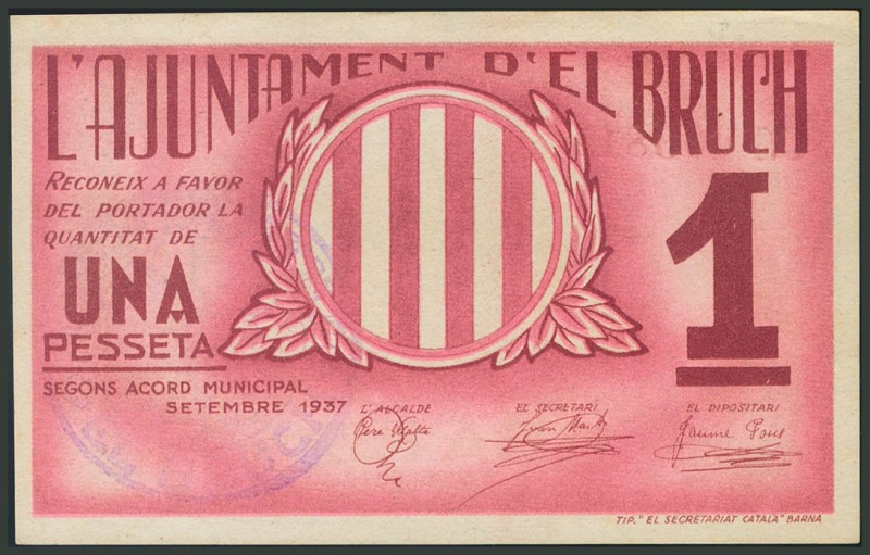 BRUCH (BARCELONA). 1 Peseta. Septiembre 1937. (González: 7208). EBC.