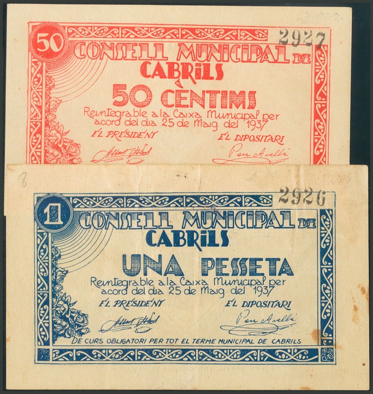 CABRILS (BARCELONA). 50 Céntimos y 1 Peseta. Mayo 1937. (González: 7243/44).EBC+...