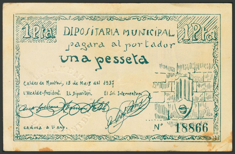 CALDES DE MONTBUI (BARCELONA). 1 Peseta. Mayo 1937. (González: 7282). MBC.