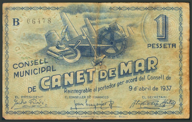 CANET DE MAR (BARCELONA). 1 Peseta. Abril 1937. Serie B. (González: 7343). BC.