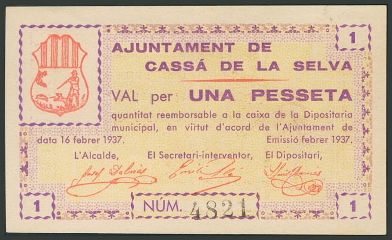 CASSA DE LA SELVA (GERONA). 1 Peseta. 16 de Febrero de 1937. (González: 7408). E...