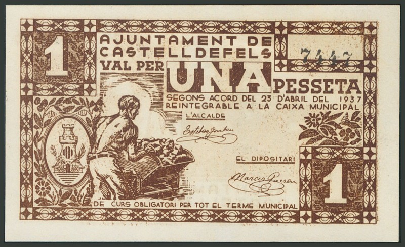 CASTELLDEFELS (BARCELONA). 1 Peseta. 23 de Abril de 1937. (González: 7448). SC-....