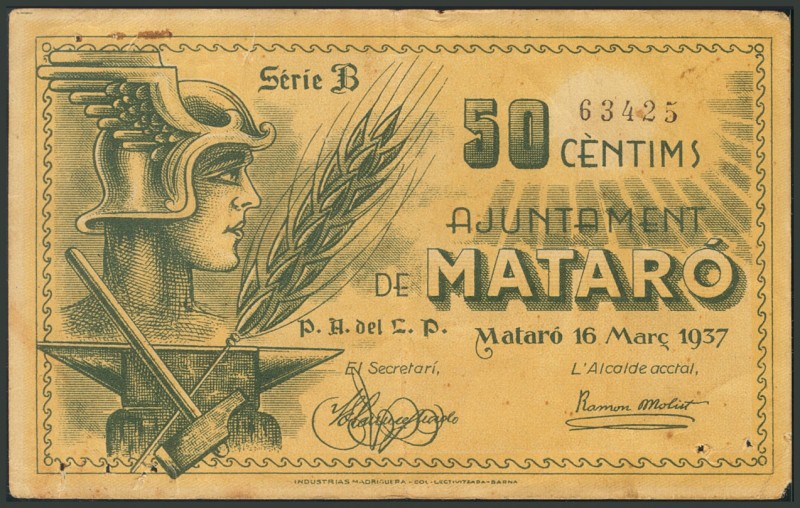 MATARO (BARCELONA). 50 Céntimos. 16 de Marzo de 1937. Serie B. (González: 8658)....