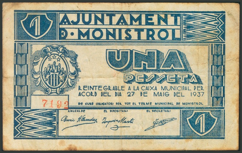 MONISTROL DE MONTSERRAT (BARCELONA). 1 Peseta. 27 de Mayo de 1937. (González: 87...