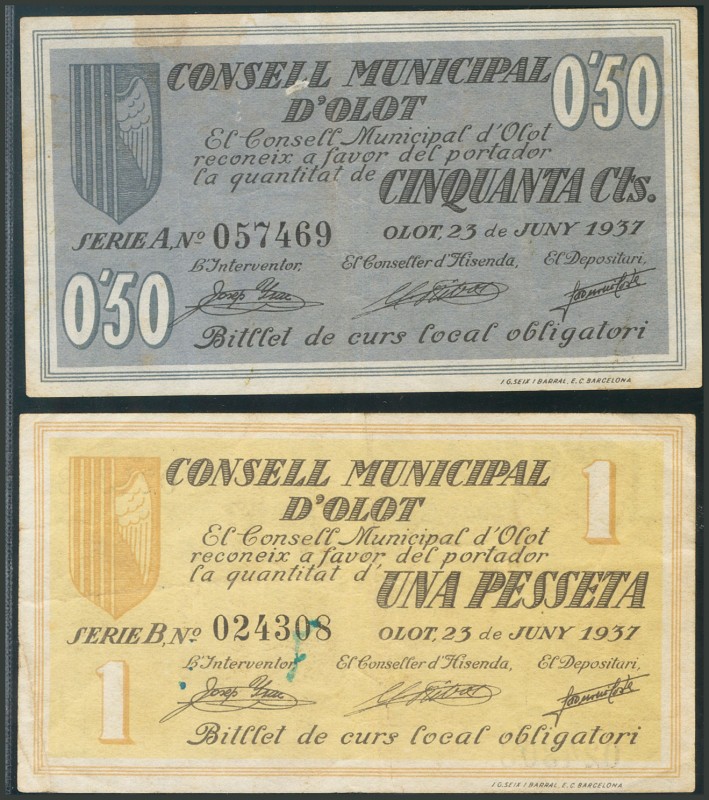 OLOT (GERONA). 50 Céntimos y 1 Peseta. 23 de Junio de 1937. Series A y B. (Gonzá...