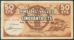 PINS DEL VALLES (BARCELONA). 50 Céntimos. 12 de Mayo de 1937. Serie A. (González: 9244). MBC.