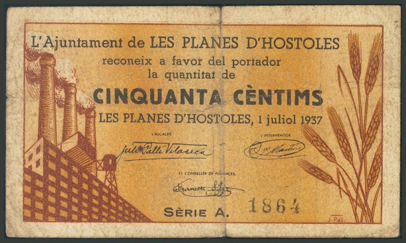 PLANES D´HOSTELES (GIRONA). 50 Céntimos. 1 de Julio de 1937. Serie A. (González:...