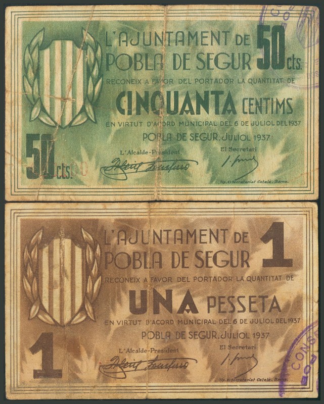 POBLA DE SEGUR (LERIDA). 50 Céntimos y 1 Peseta. 6 de Julio de 1937. (González: ...