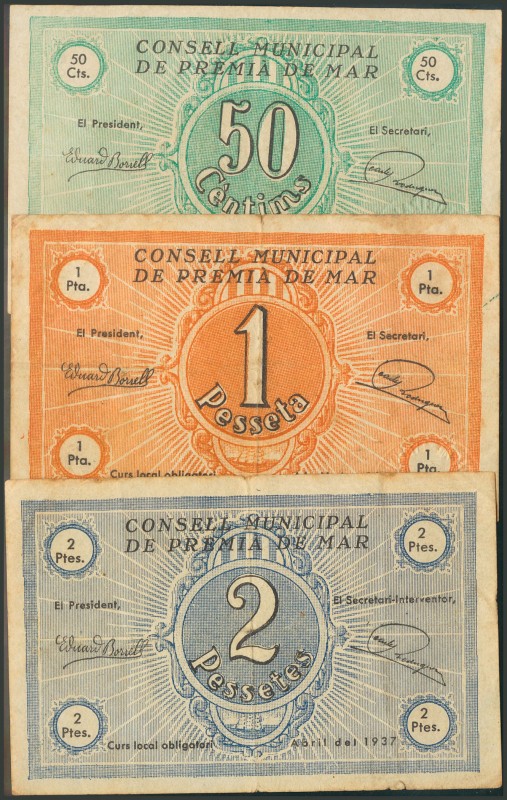 PREMIA DE MAR (BARCELONA). 50 Céntimos, 1 Peseta y 2 Pesetas. Abril 1937. Series...