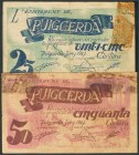 PUIGCERDA (GERONA). 25 Céntimos y 50 Céntimos. Junio 1937. (González: 9486/87). Ambos con marca de cinta adhesiva. RC.
