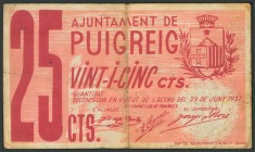 PUIGREIG (BARCELONA). 25 Céntimos. 29 de Junio de 1937. (González: 9501). BC.