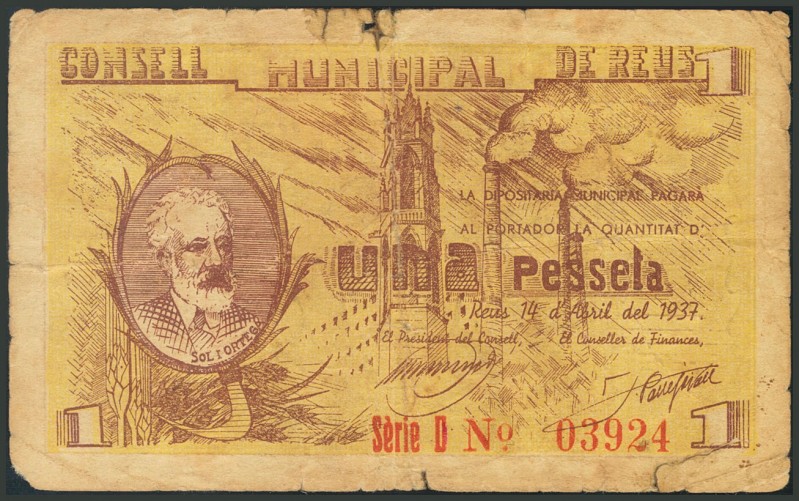 REUS (TARRAGONA). 1 Peseta. 14 de Abril de 1937. Serie D. (González: 9563). RC.