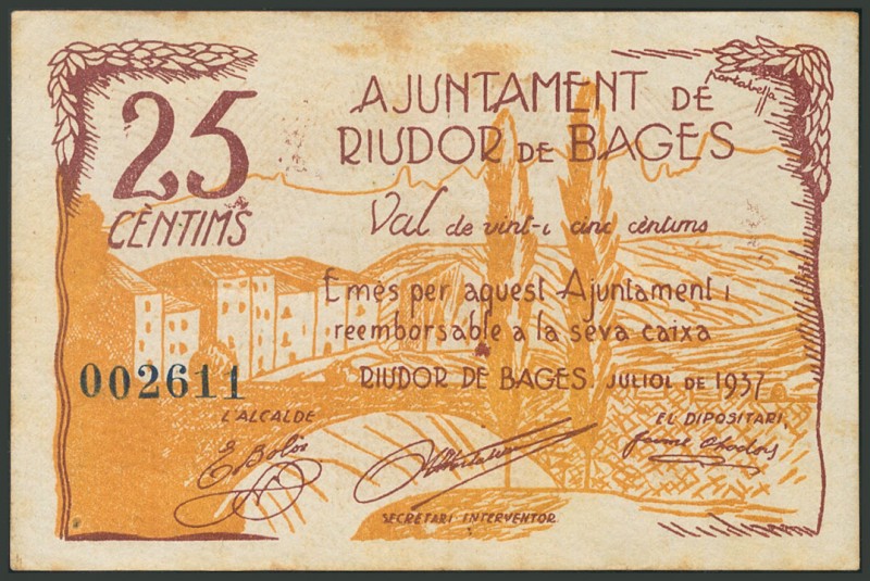 RIUDOR DE BAGES (BARCELONA). 25 Céntimos. Julio 1937. (González: 9699). BC.