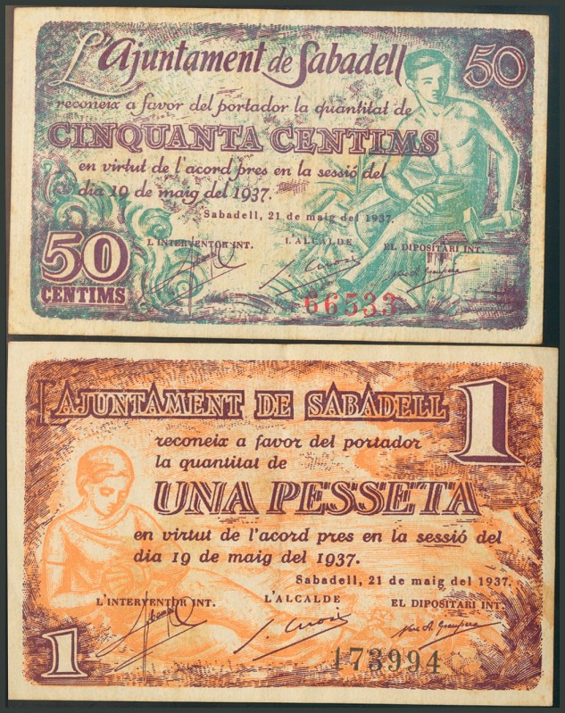 SABADELL (BARCELONA). 50 Céntimos y 1 Peseta. 19 de Mayo de 1937. (González: 977...