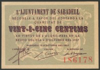 SABADELL (BARCELONA). 25 Céntimos. 11 de Octubre de 1937. (González: 9778). EBC.