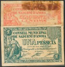 SADURNI D´ANOIA (BARCELONA). 50 Céntimos y 1 Peseta. 15 de Julio de 1937. Serie A. (González: 9805/06). El 50 cts con marca de cinta adhesiva. RC.