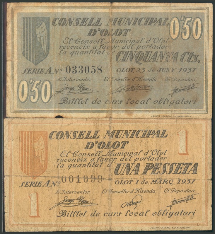 OLOT (GERONA). 50 Céntimos emitido el 23 de Junio de 1937 y 1 Peseta emitido el ...