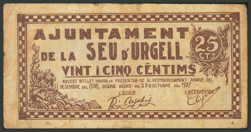 SEU DE URGELL (LERIDA). 25 Céntimos. 30 de Junio de 1937. (González: 10000). MBC...