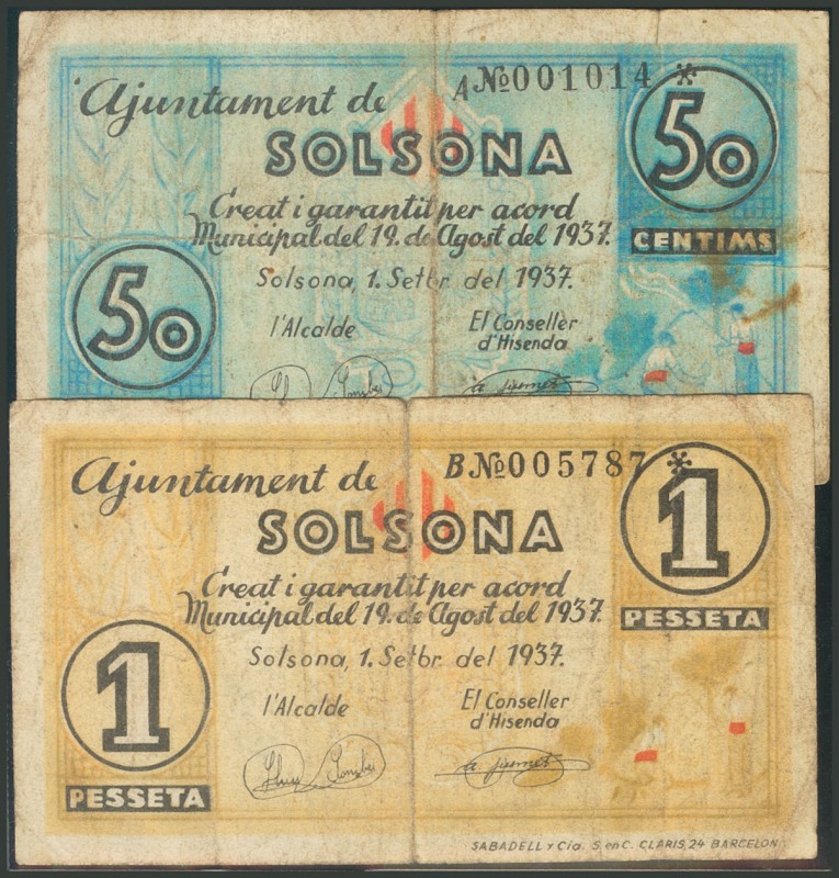 SOLSONA (LERIDA). 50 Céntimos, serie A y 1 Peseta, serie B. 1 de Septiembre de 1...