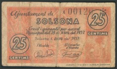 SOLSONA (LERIDA). 25 Céntimos. 1 de Diciembre de 1937. Serie A. (González: 10040). RC.