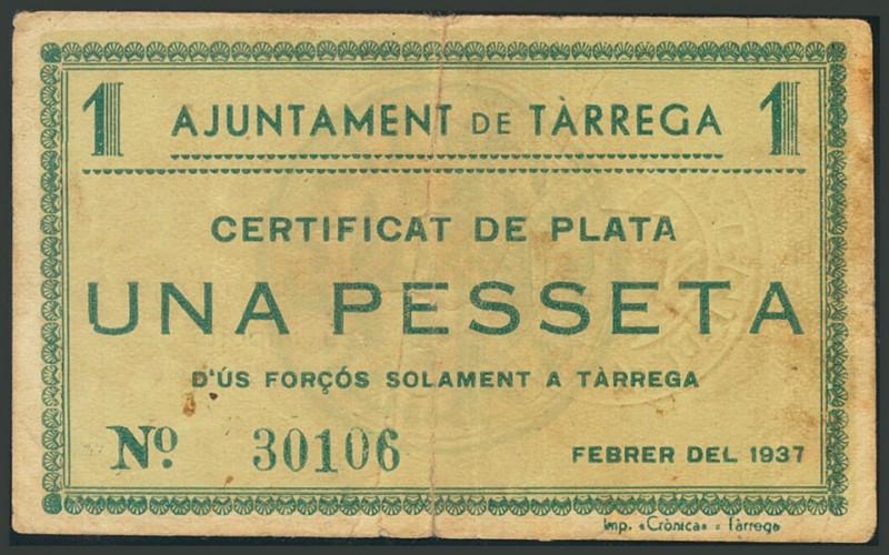 TARREGA (LERIDA). 1 Peseta. Febrero 1937. (González: 10099). BC.