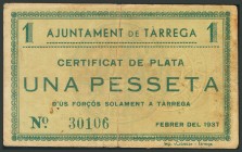 TARREGA (LERIDA). 1 Peseta. Febrero 1937. (González: 10099). BC.