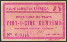 TARREGA (LERIDA). 25 Céntimos. Junio 1937. (González: 10101). BC.