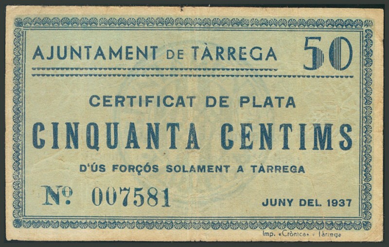 TARREGA (LERIDA). 50 Céntimos. Junio 1937. (González: 10102). MBC.