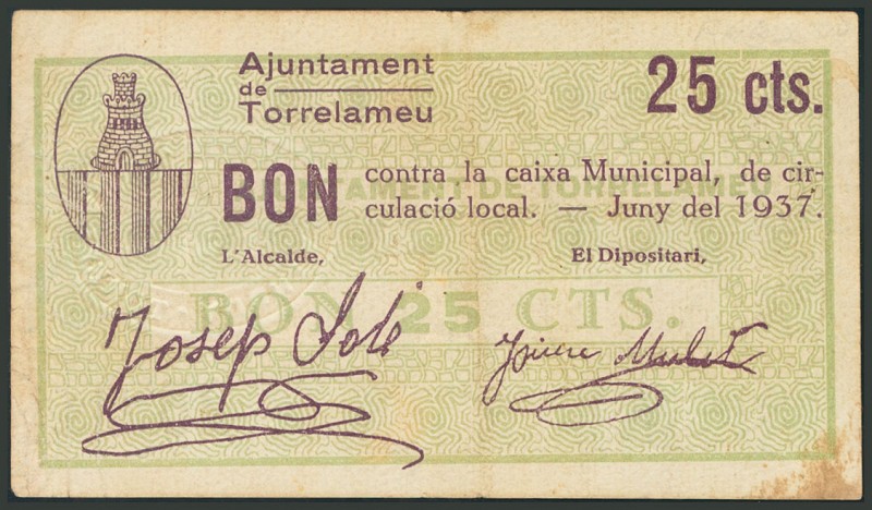 TORRELAMEU (LERIDA). 25 Céntimos. 11 de Junio de 1937. (González: 10365). MBC.