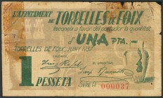 TORRELLES DE FOIX (BARCELONA). 1 Peseta. Junio 1937. Serie A. (González: 10373). Huella de cinta adhesiva. RC.