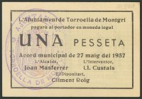 TORROELLA DE MONTGRI. (GERONA). 1 Peseta. 27 de Mayo de 1937. (González: 10393). SC-.