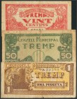 TREMP (LERIDA). 20 Céntimos, 50 Céntimos y 1 Peseta (variante marrón y amarillo). (1937ca). Serie A. (González: 10439/40, 1043). BC.