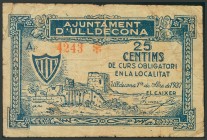 ULLDECONA (TARRAGONA). 25 Céntimos. 1 de Octubre de 1937. Serie A. (González: 10454). BC.