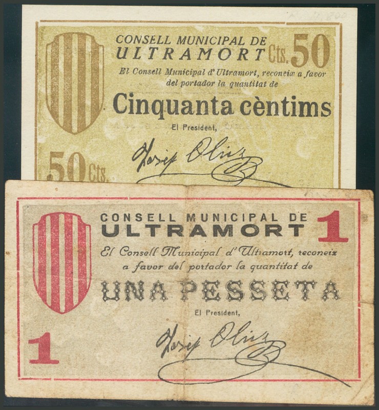 ULTRAMORT (GERONA). 50 Céntimos y 1 Peseta. (1938ca). (González: 10468/69). EBC/...