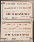 VALLFOGONA DE RIUCORP (TARRAGONA). 50 Céntimos. Pareja correlativa. Sin sello estampado en el reverso. (González: 10517). SC.