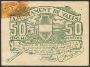VALLS (TARRAGONA). 50 Céntimos. 19 de Mayo de 1937. Serie A. (González: 10543). Presencia de cinta adhesiva al dorso. BC.